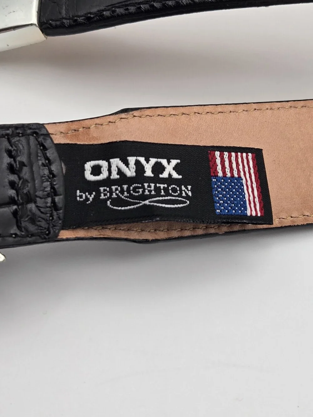 Brighton ONYX Black Croc Embossed Leather Belt Mens Size 34 USA 19403